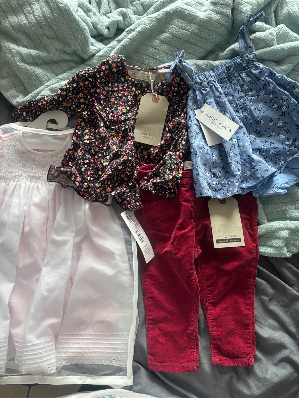 Zara Kids and Janie and Jack Floral Black Top and Red Pants Matching Set